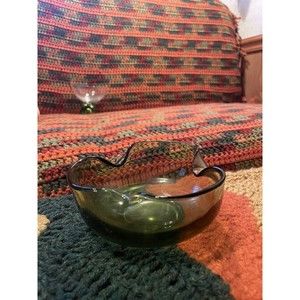Vintage Anchor Hocking Green Glass Bowl Pinched Glass MCM Avocado Dip Bowl 5”